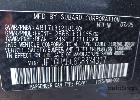 2025 Subaru Impreza Base 5-Door из США, поврежденный, VIN JF1GUABC6S8334317